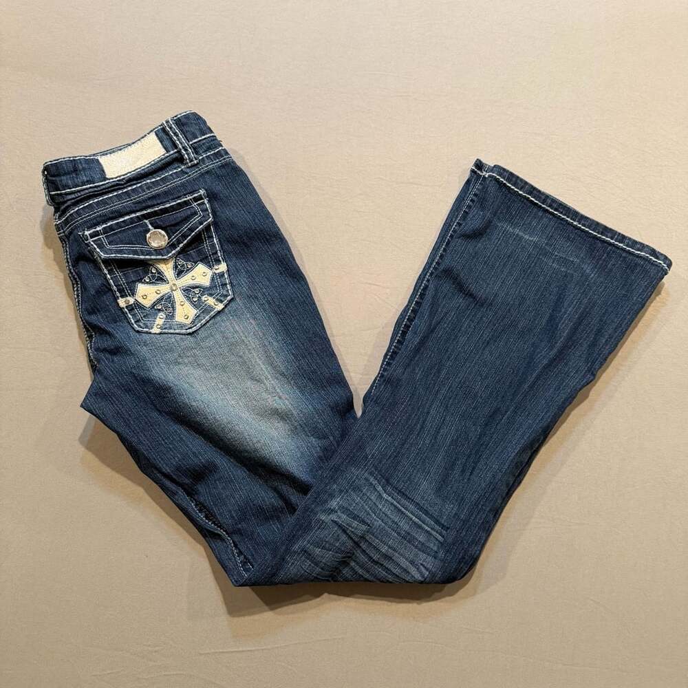 Zco Jeans Premium Women's Dark Wash Bootcut Jeans with Rhinestone Cross Pockets